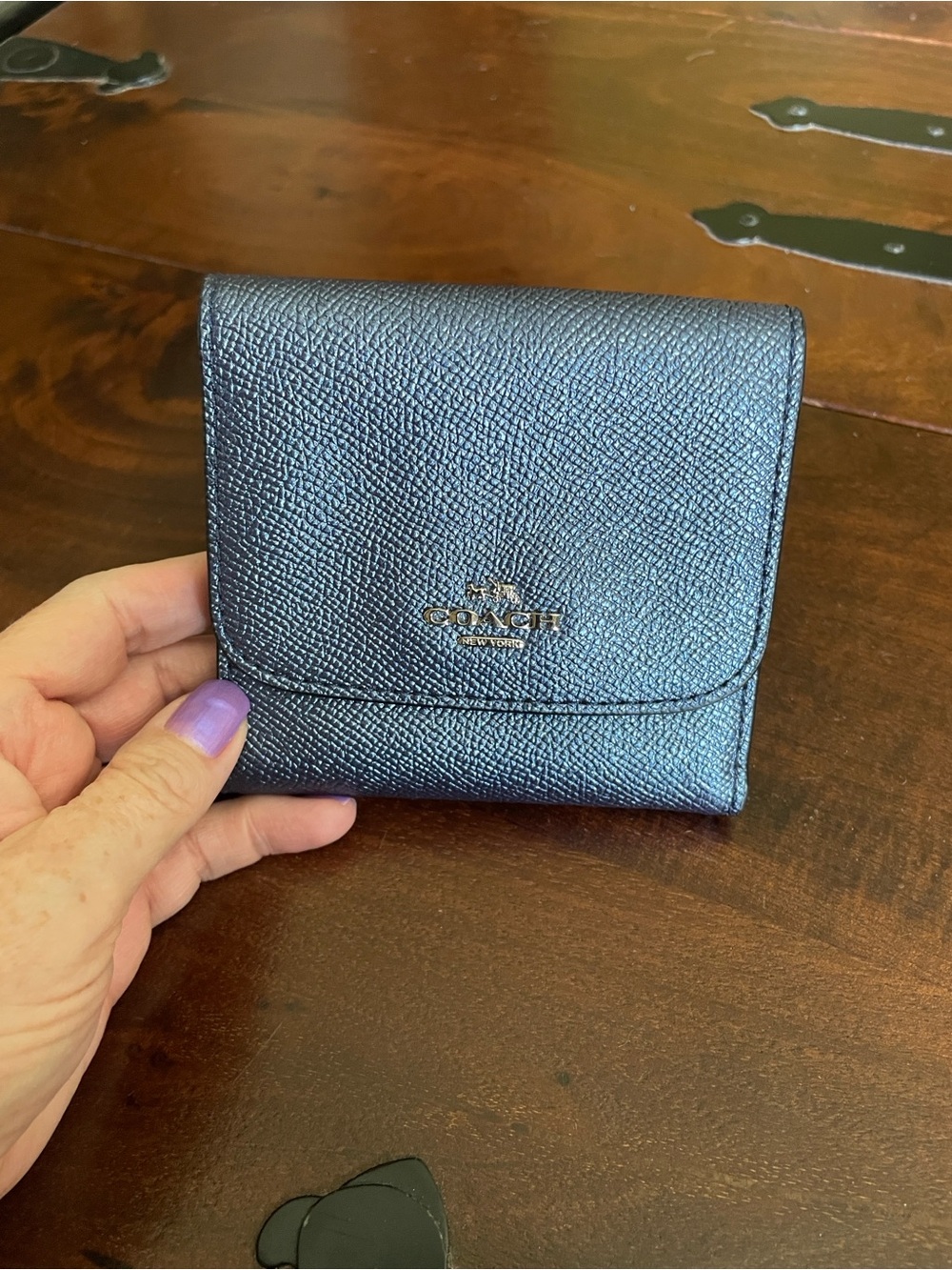 COACH Metallic Navy Pebbled Leather Compact Wallet